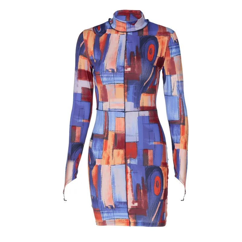 Sexy Commute Turtleneck Printing Long Sleeve Printing Above Knee