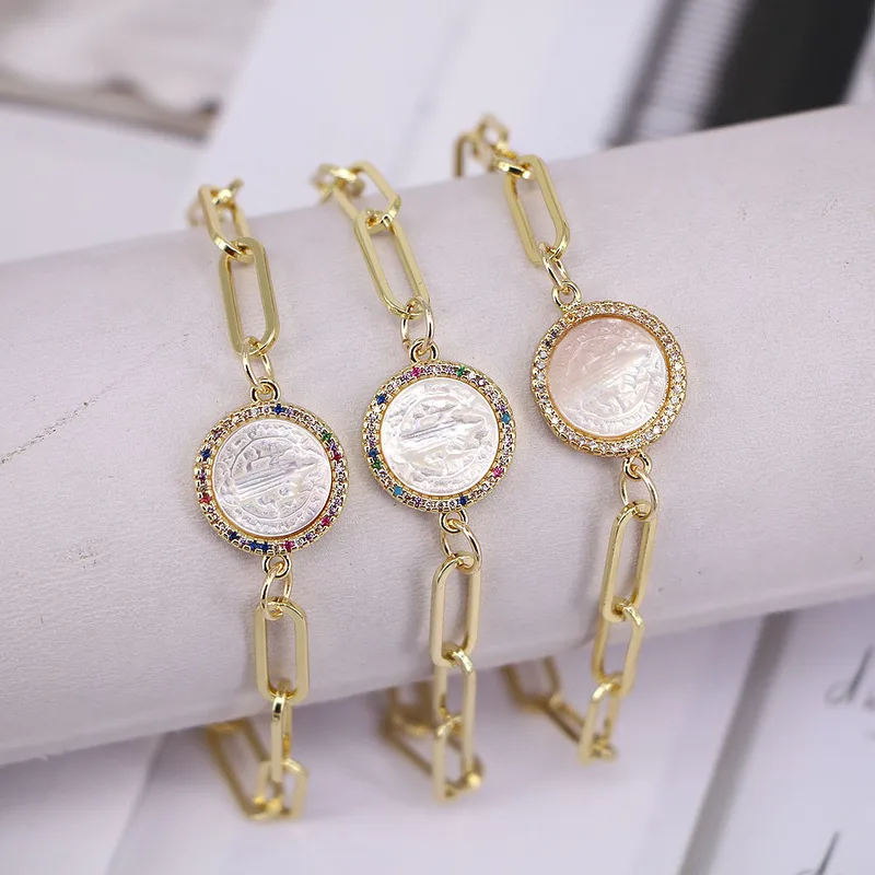 Virgin Mary  Shell Inlaid Colored Zircon Round Plate Thick Chain Bracelet
