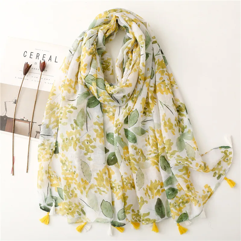 Bali Yarn Cotton Fruit Green Bright Yellow Leaf Printing Tassel Scarf Shawl