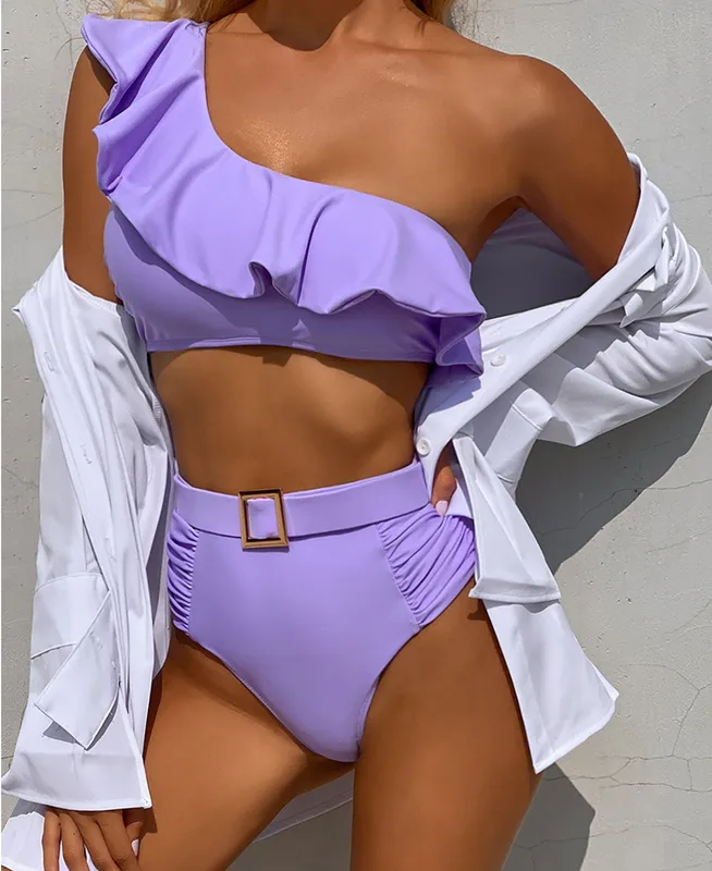 Simple Ladies Solid Color Ruffle Split Swimsuit Sexy Bikini
