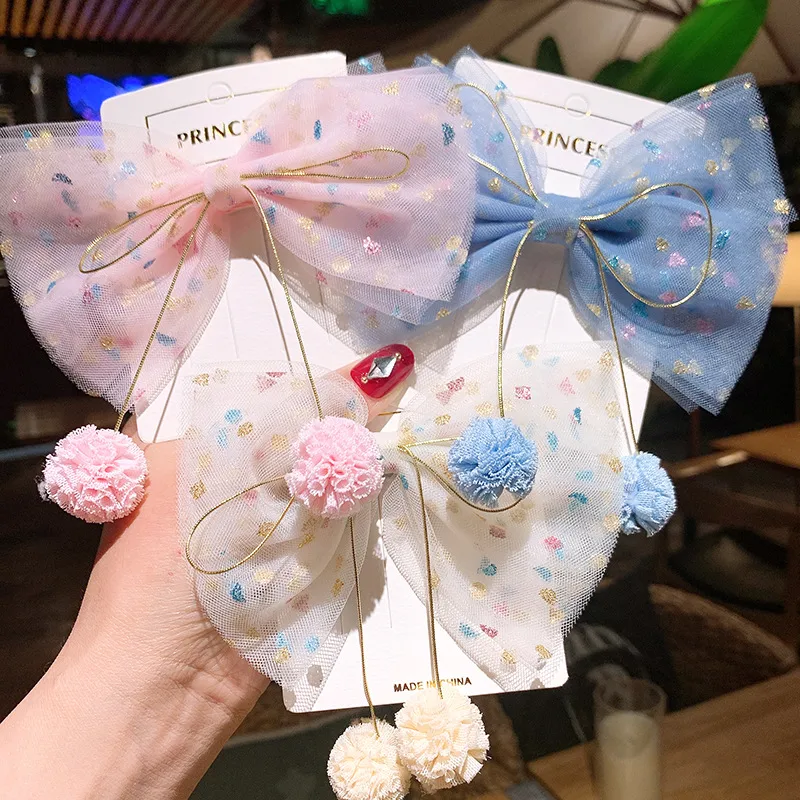 Children's Colorful Pink Dot Gauze Big Bow Hair Clip