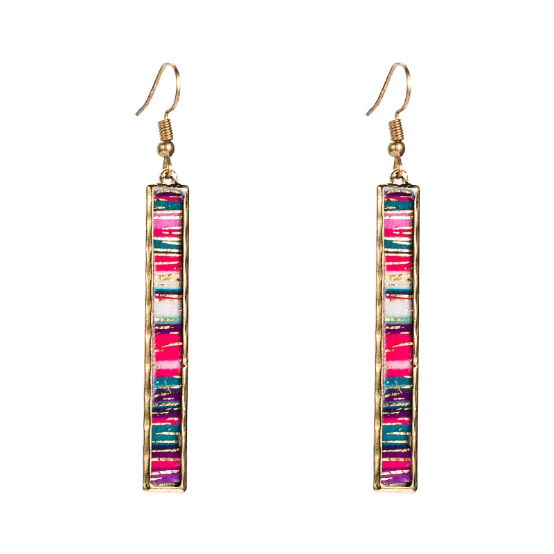 Fashion Bar Long Alloy Edging Color Leather Earrings