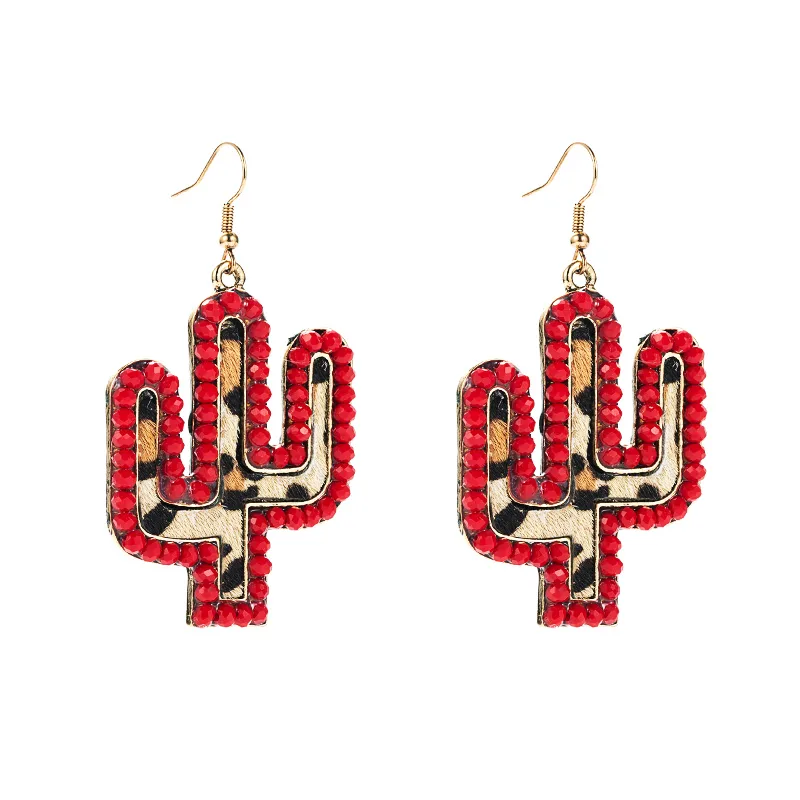 Wholesale New Creative Leather Leopard Print Cactus Earrings Nihaowholesale