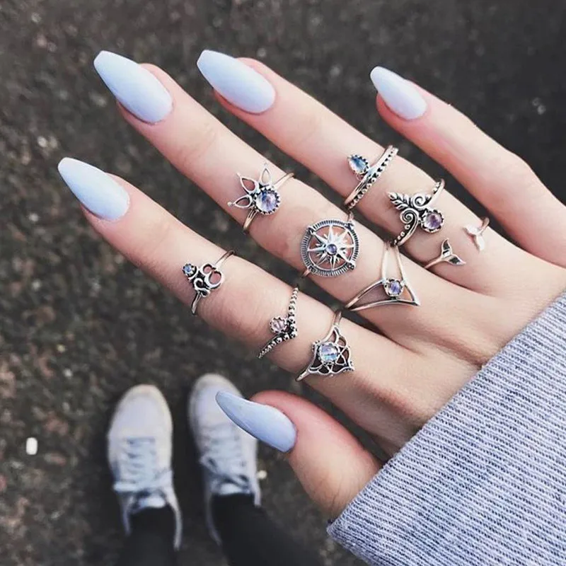 Wholesale Jewelry Geometry Ship Rudder Cross Leaf Gemstone 9-piece Set Ring Nihaowholesale