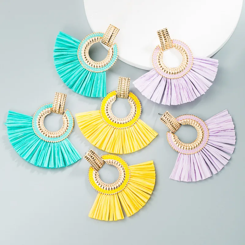 Nihaowholesale Bohemian Ethnic Fan-shaped Raffia Fringe Earrings Wholesale Jewelry