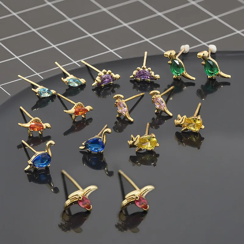 Nihaowholesale Cartoon Small Dinosaur Inlaid Zircon Animal Earrings Wholesale Jewelry