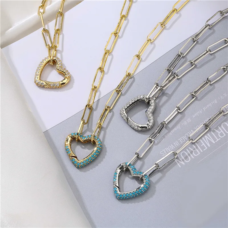 Fashion Micro-inlaid Zircon Peach Heart Cable Chain Copper Necklace Wholesale Nihaowholesale