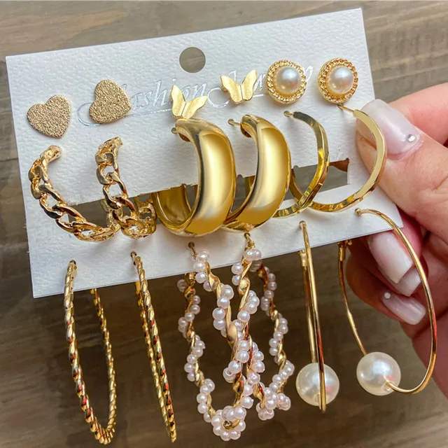 Creative Simple Pearl Butterfly Chain Hoop Earring 9 Piece Set Wholesale Nihaowholesale