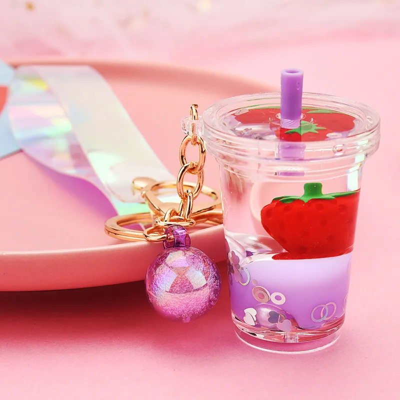 Creative Floating Strawberry Milk Tea Cup Keychain Wholesale Nihaowholesale