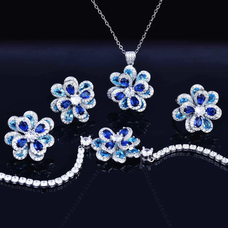 European And American Temperament Color Zircon Flower Earrings Simple Three-dimensional Camellia Pendant Open Ring