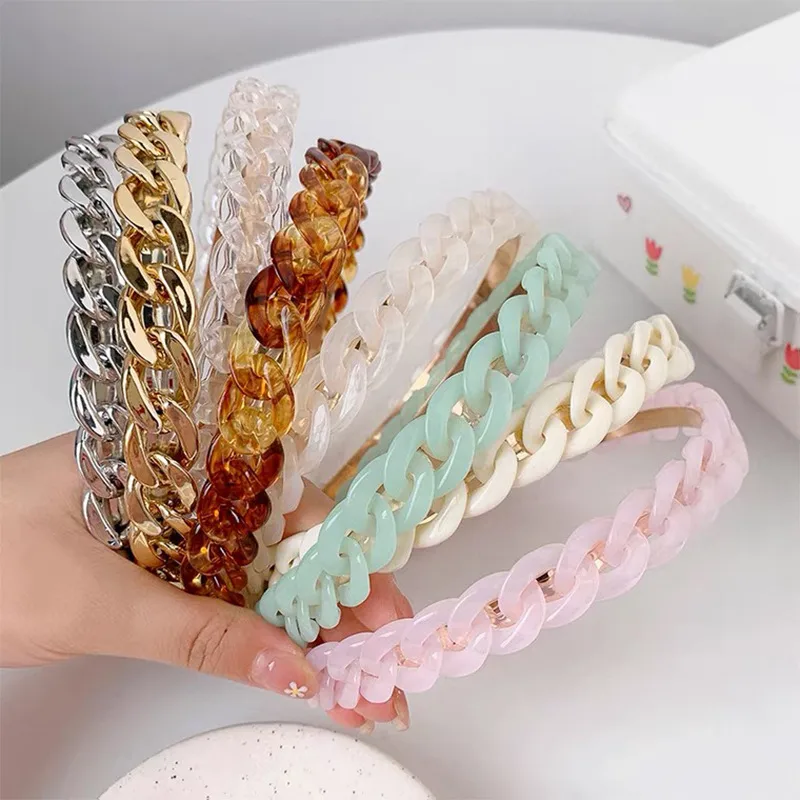 Cross-border New Arrival Candy Color Chain Headband Female Partysu Temperamental Headband Out Hair Pressing Headwear Resin Hair Accessories