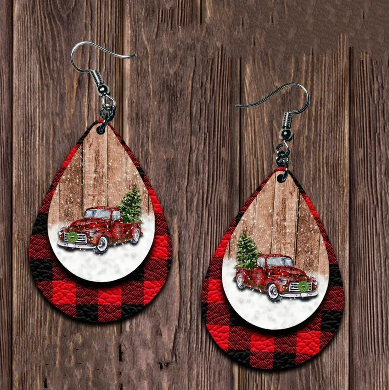 Christmas Tree Car Printing Leather Drop Earrings Wholesale Nihaowholesale