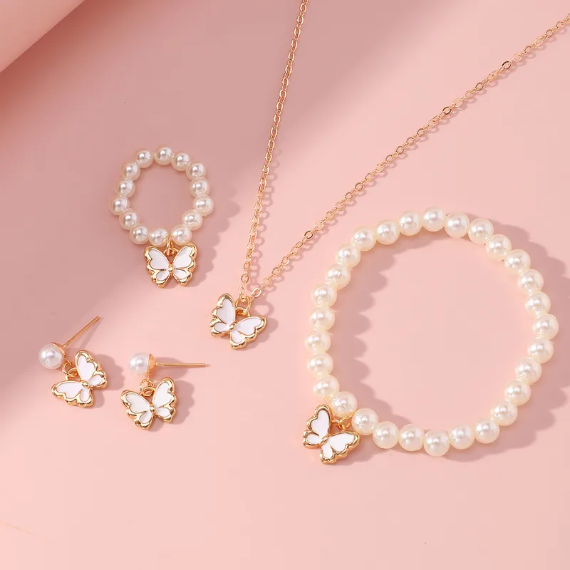 New Butterfly Pendant Pearl Bracelet Children's Ring Earrings Jewelry Set Wholesale