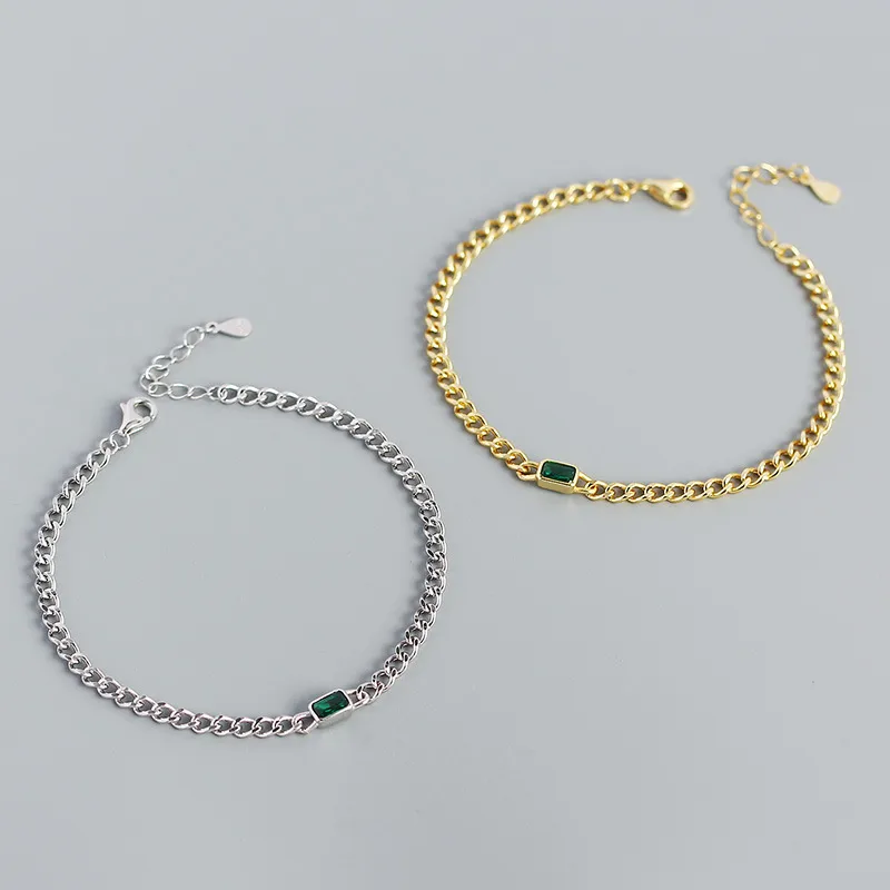 Simple Hollow Chain S925 Silver Emerald Geometric Bracelet