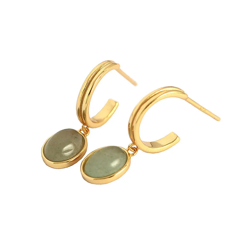 Simple S925 Silver Minimalist Geometric Inlaid Stone C-shaped Earrings