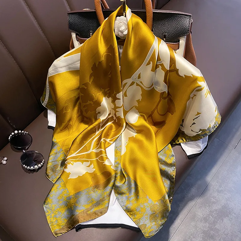 Spring And Summer New Floral Simulation Silk Satin 90cm Rolled Edge Square Scarf
