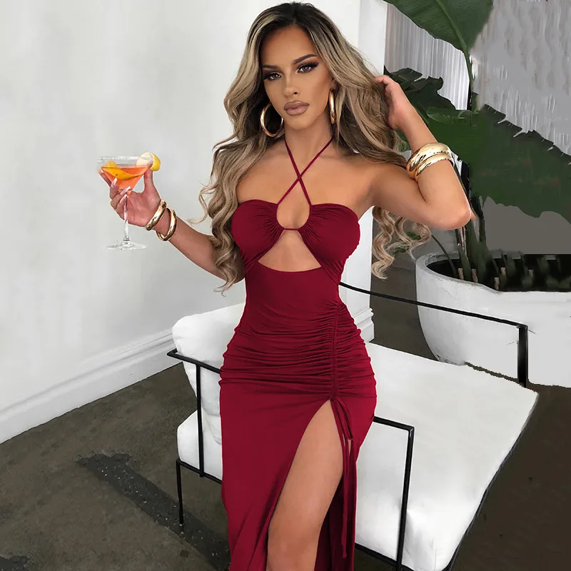 Fashion Sexy Chest Split Long Skirt Spring New Hollow Back Halter Dress