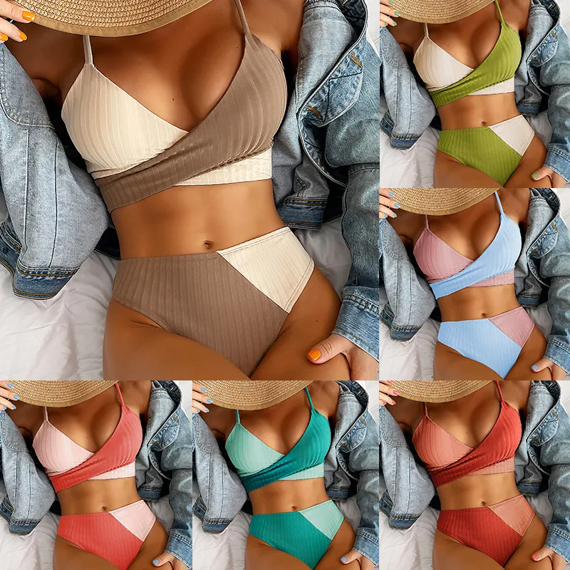 New Solid Color Matching Thick Pit Strips Cross Straps High Waist Bikini Swimwear