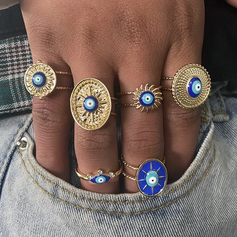 Retro Ethnic Style Sun Blue Devil Eye Geometric Alloy Open Ring