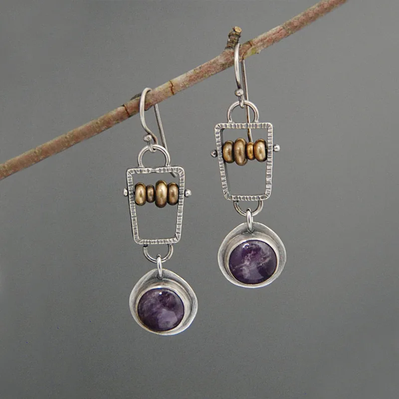 Creative Abacus Beads Natural Stone Amethyst Alloy Earrings