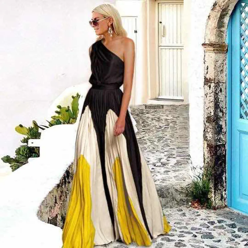 Stitching Single-shoulder Sleeveless Large Swing Long Contrast Color Dress