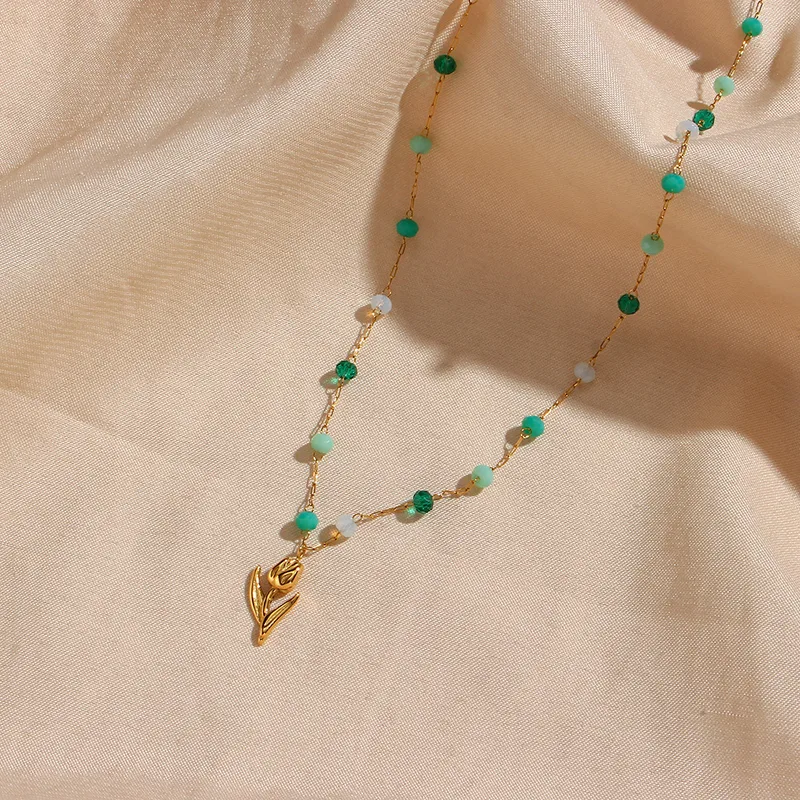 Wholesale Jewelry Fashion Flower 304 Stainless Steel Beads 18K Gold Plated Inlay Necklace