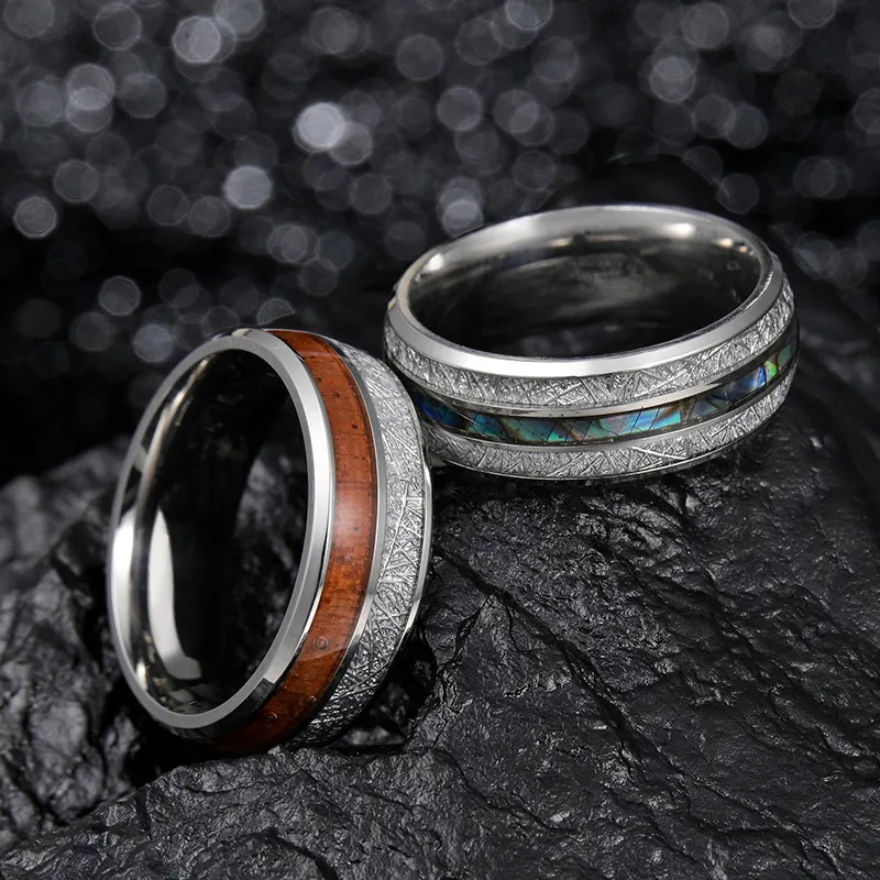 Fashion Round Stripe 304 Stainless Steel Solid Wood Shell Men'S Rings