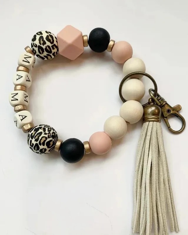 Fashion Geometric Letter Silica Gel Beaded Tassel Keychain