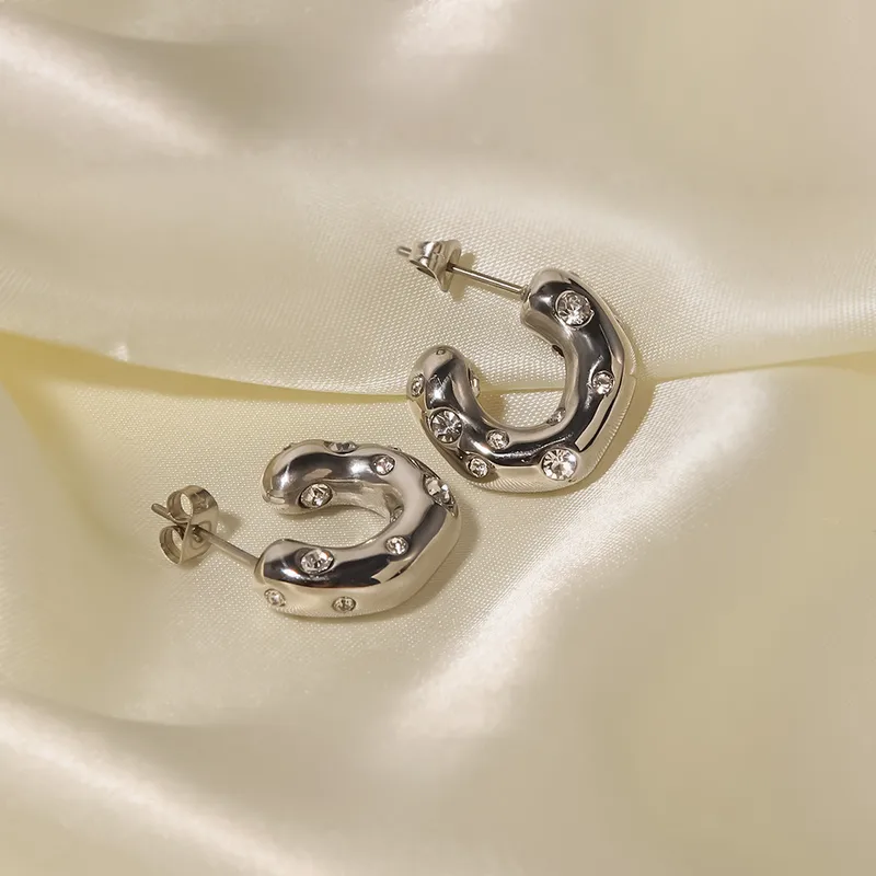1 Pair Simple Style C Shape Inlaid Zircon 304 Stainless Steel Hoop Earrings