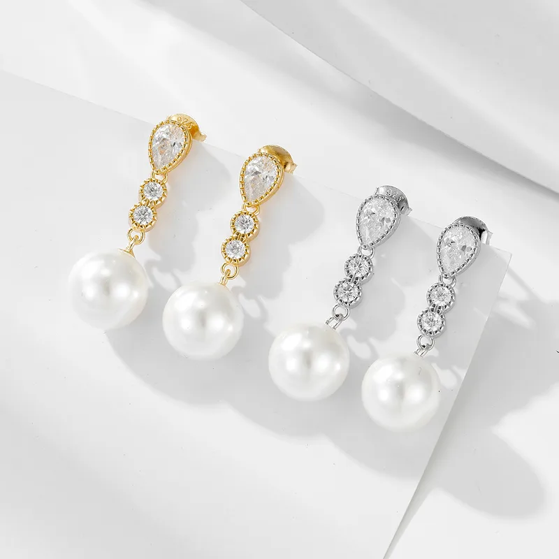1 Pair 925 Sterling Silver Pearl Zircon Geometric Solid Color Drop Earrings