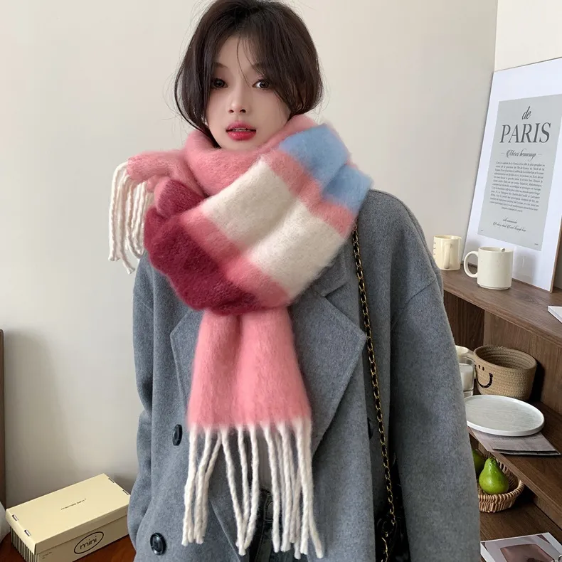 Women's Elegant Modern Style Color Block Mohair Tassel Scarf