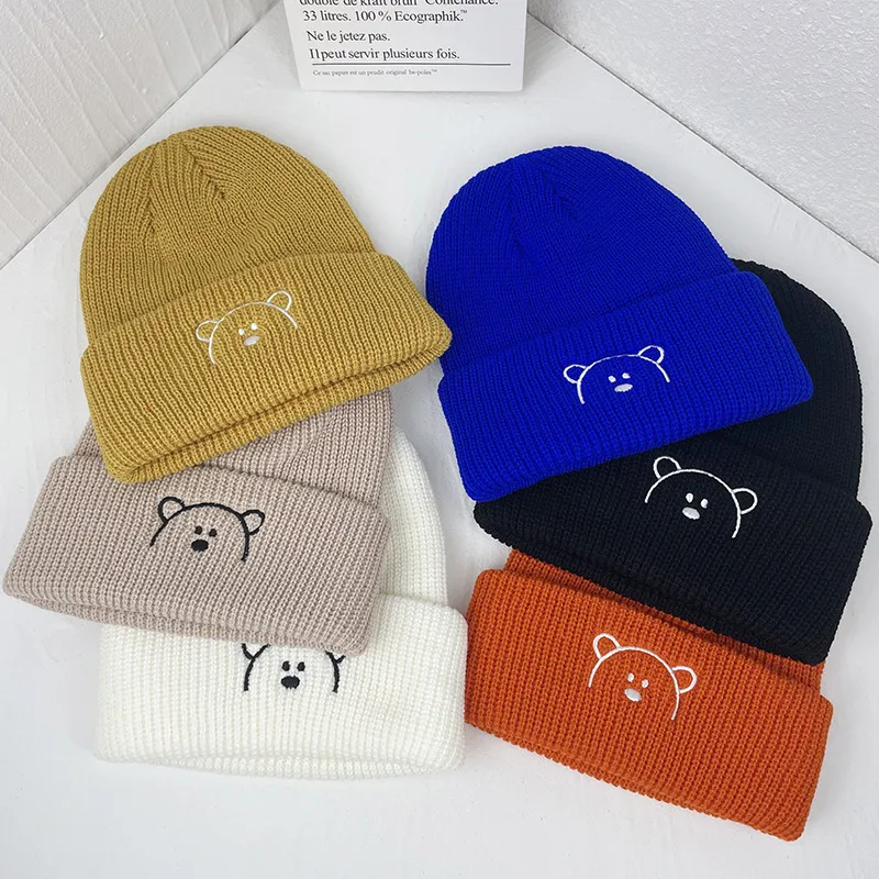 Children Unisex Cute Bear Embroidery Wool Cap