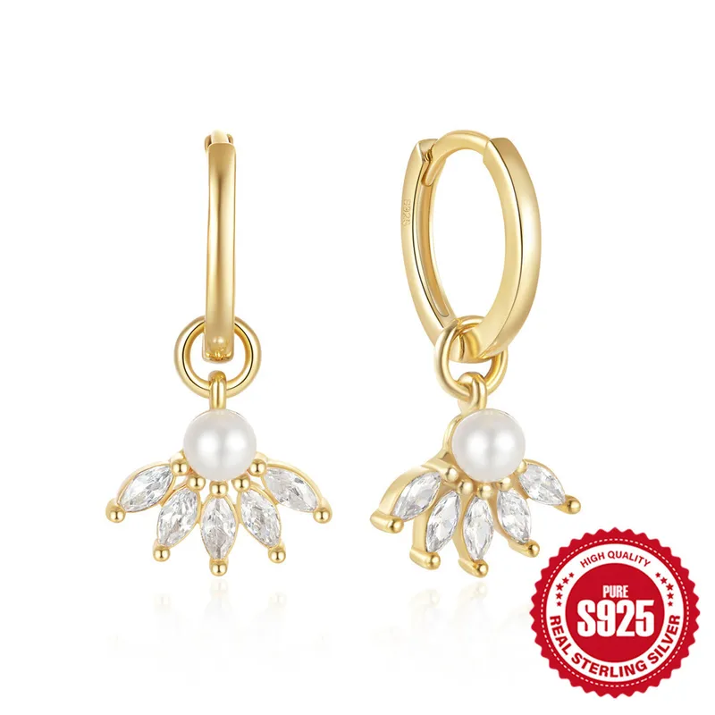 1 Pair 925 Sterling Silver Pearl Zircon Geometric Drop Earrings