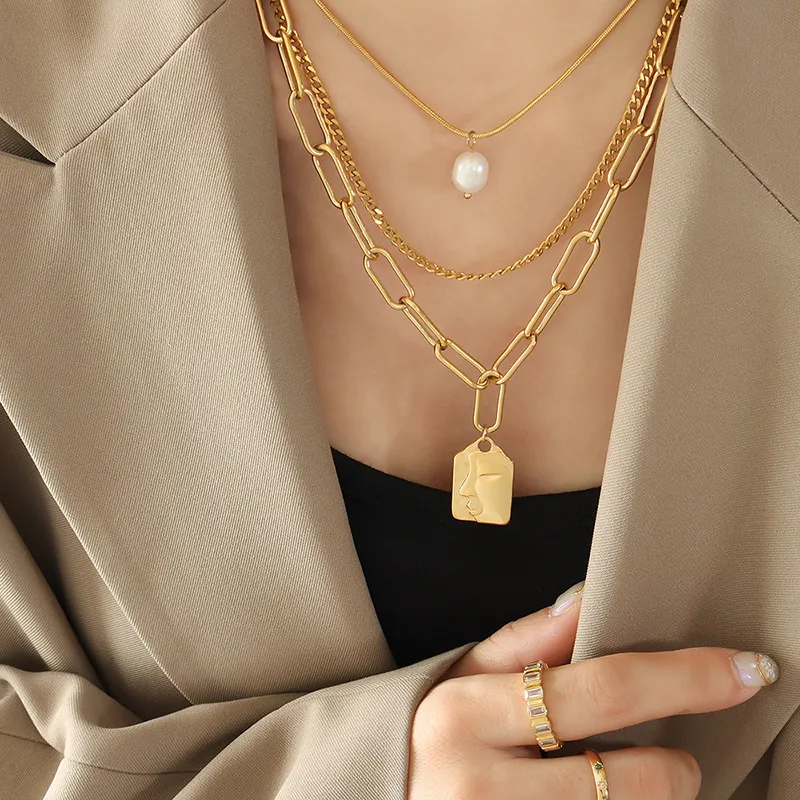 Wholesale Jewelry Fashion Human Face 304 Stainless Steel Freshwater Pearl 18K Gold Plated Plating Necklace