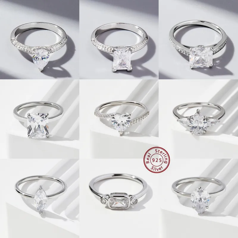 925 Sterling Silver Zircon Square Heart Shape Rings