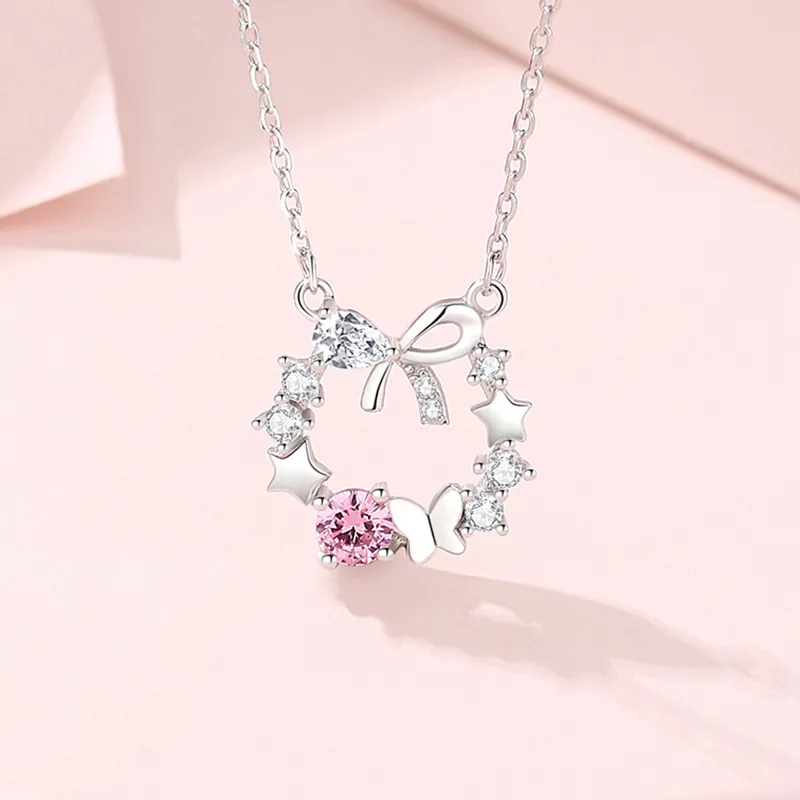 925 Sterling Silver Wreath Bow Knot Pendant Necklace