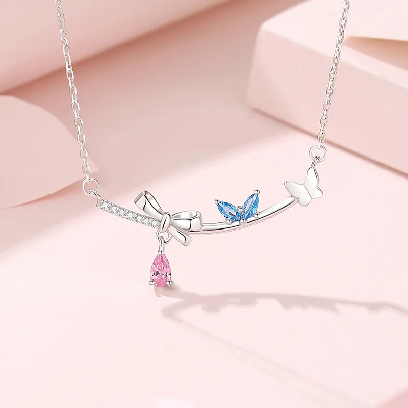 925 Sterling Silver Artificial Gemstones Cable Chain Inlay Bow Knot Pendant Necklace