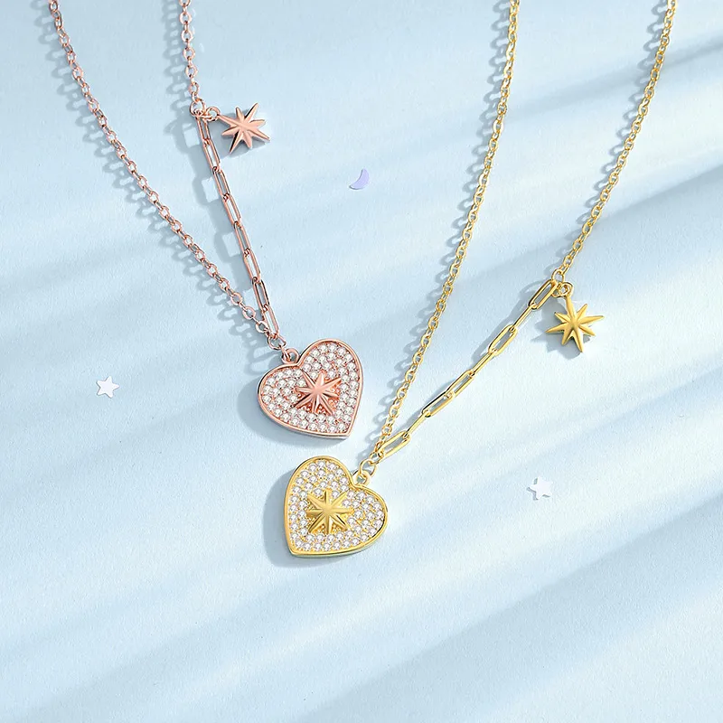 925 Sterling Silver Zircon Cable Chain Plating Inlay Star Heart Shape Pendant Necklace