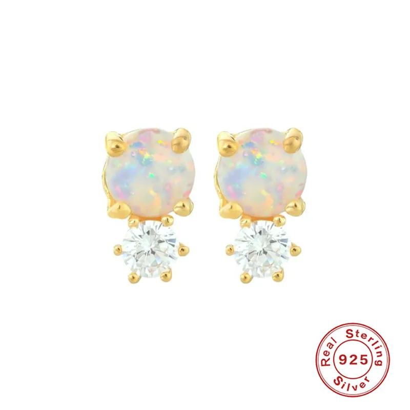 1 Pair 925 Sterling Silver Opal Round Earrings