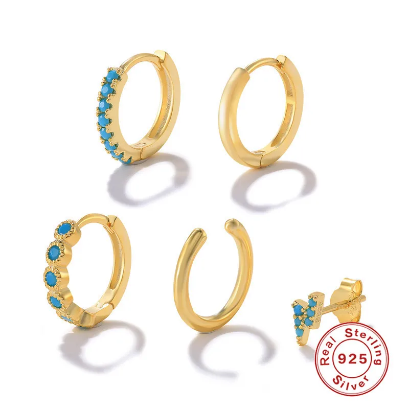 1 Set 925 Sterling Silver Turquoise Round Earrings