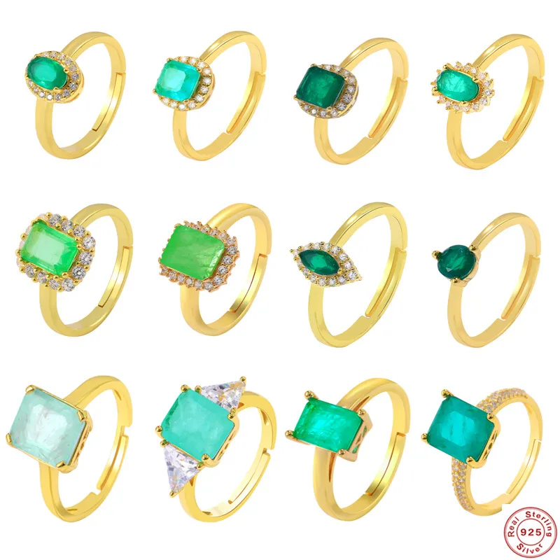 925 Sterling Silver Natural Stone Rhinestones Square Rings