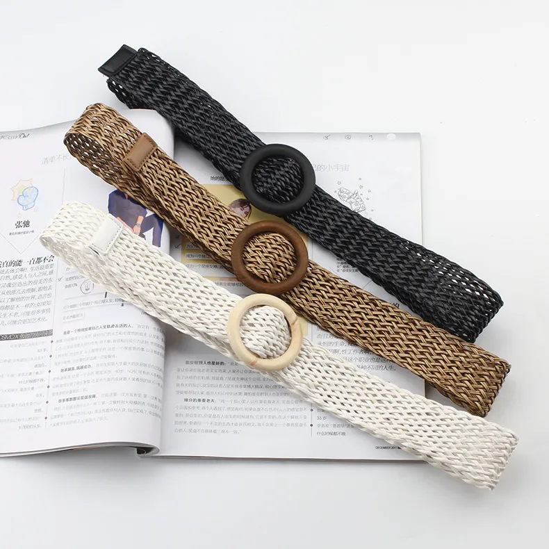 New Korean Style Cotton And Linen Style Woven Belt Women's Round Wooden Buckle Dress Long Shirt Decorative Belt