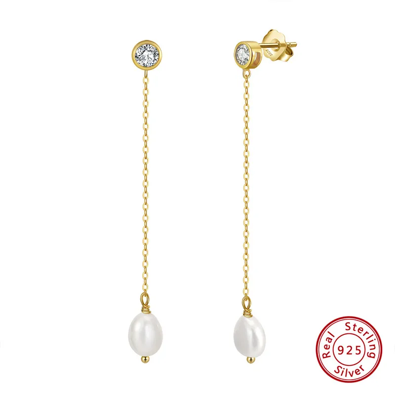 1 Pair 925 Sterling Silver Freshwater Pearl Zircon Geometric Drop Earrings