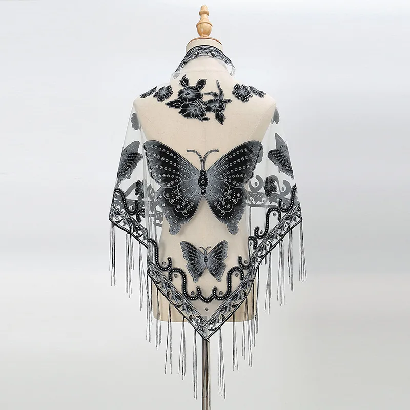 New Tassel Triangle Scarf Solid Color Hollow Lace Butterfly Embroidered Triangle Shawl Scarf For Women