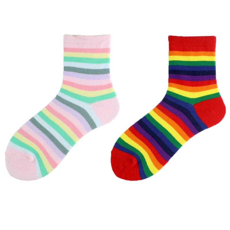Unisex Korean Style Rainbow Cotton Jacquard Crew Socks A Pair
