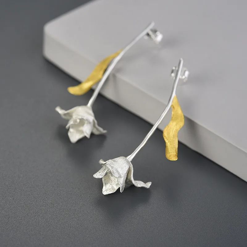 1 Pair 925 Sterling Silver Leaf Flower Drop Earrings