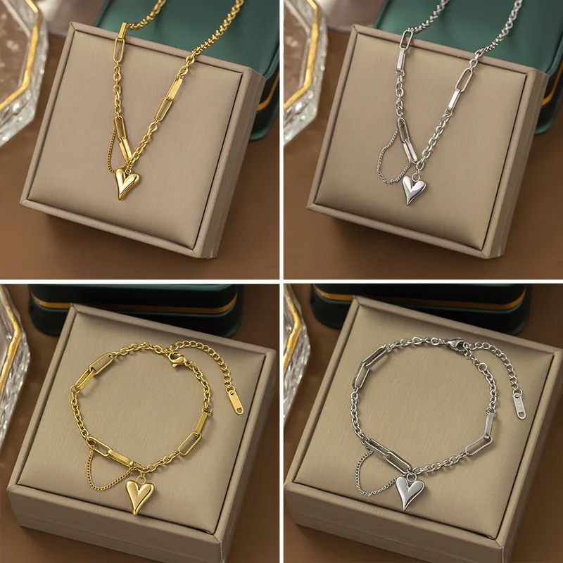304 Stainless Steel 18K Gold Plated Sweet Plating Heart Shape Bracelets Necklace