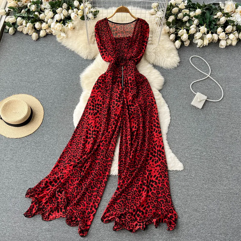 Women's Party Street Sexy Leopard Full Length Jumpsuits