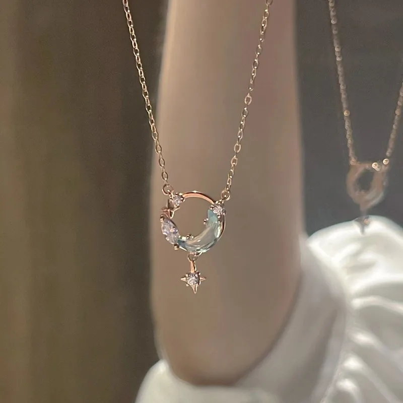 925 Sterling Silver Zircon Cable Chain Inlay Moon Pendant Necklace