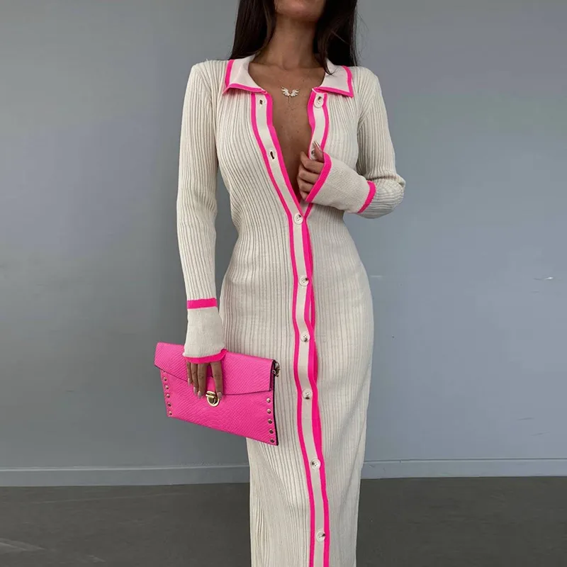 Women's Sweater Dress Casual Turndown Long Sleeve Color Block Midi Dress Street